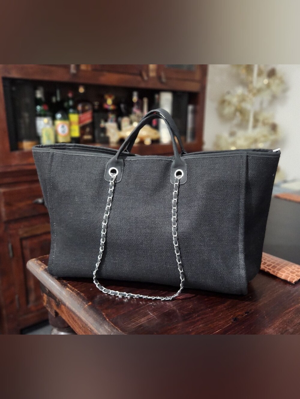Black Tote Bag with Zipper Closure and Chain Handles